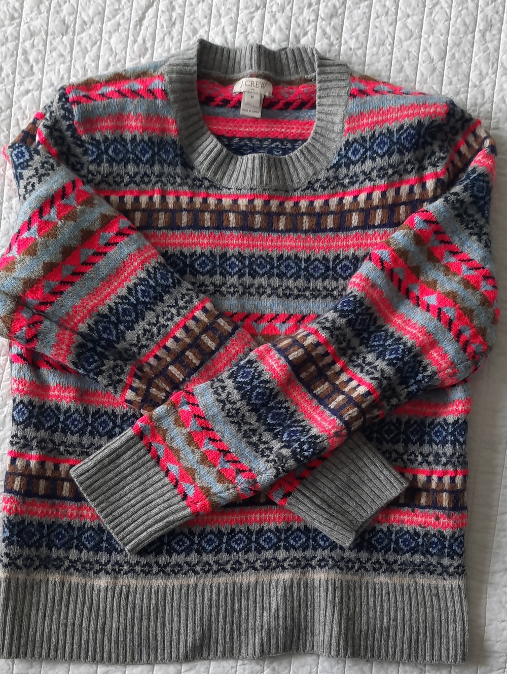 J. Crew Multicolor Fair Isle Crewneck Sweater in Gray, Pink & Blue